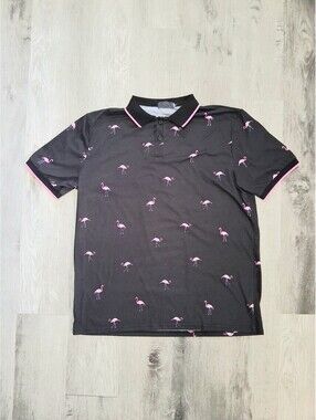 Shein Men's Lg Black Pink Tropical Short Sleeve Casual Flamingo Print Polo Shirt